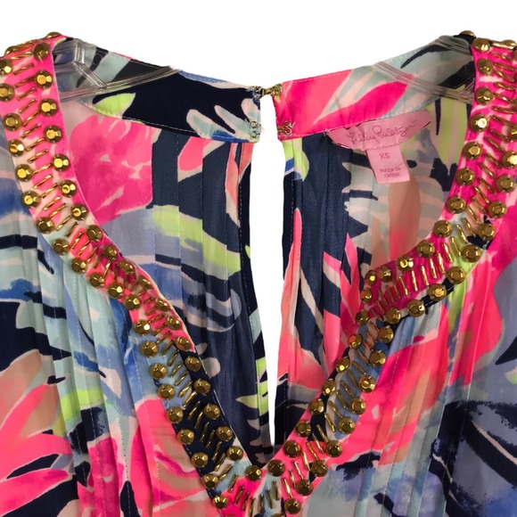 Lilly Pulitzer‎ Women's Arielle Beaded Romper High Tide Navy Tropicolada Pink XS - Picture 4 of 9